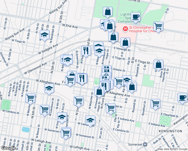 map of restaurants, bars, coffee shops, grocery stores, and more near 3308 North Mascher Street in Philadelphia