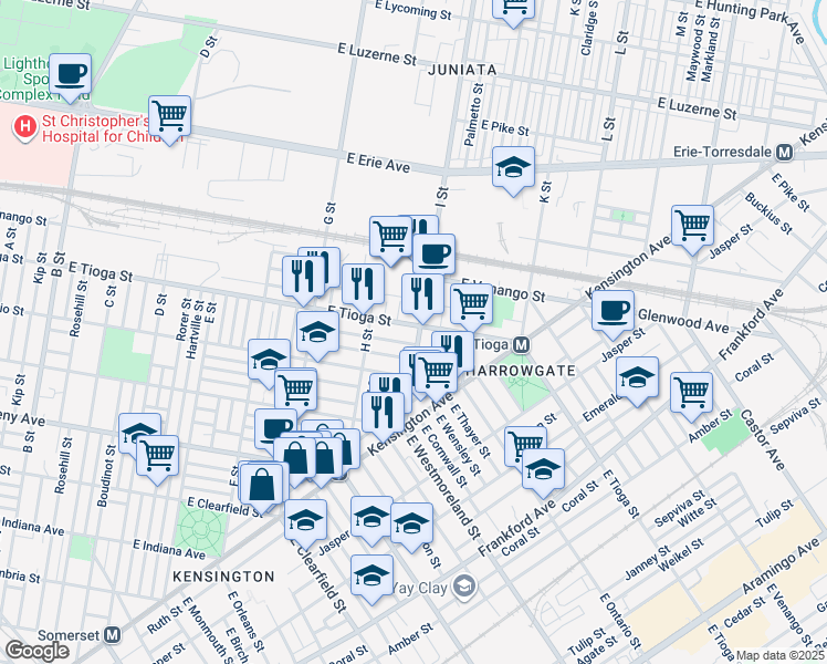 map of restaurants, bars, coffee shops, grocery stores, and more near 960 East Tioga Street in Philadelphia