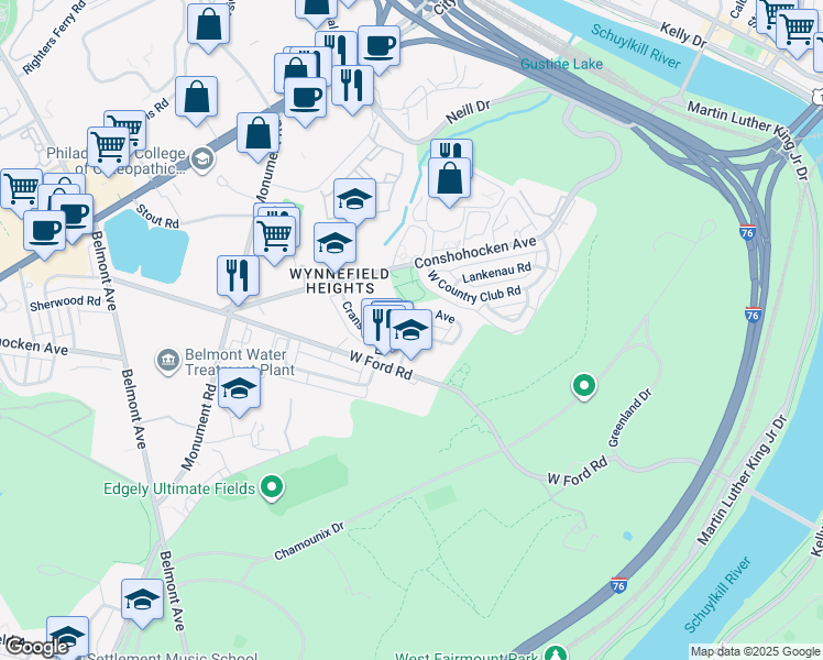 map of restaurants, bars, coffee shops, grocery stores, and more near 3900 West Ford Road in Philadelphia