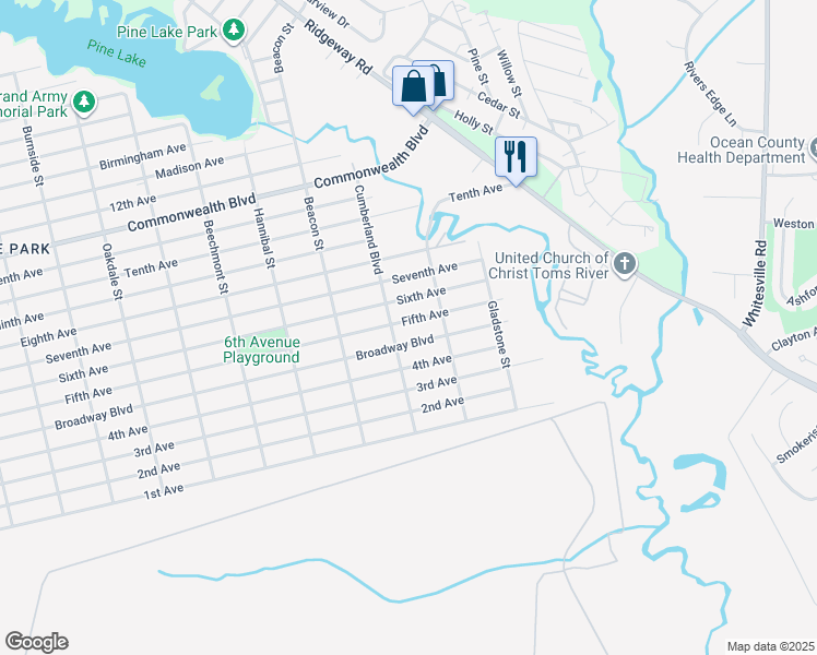 map of restaurants, bars, coffee shops, grocery stores, and more near 2008 Fifth Avenue in Toms River
