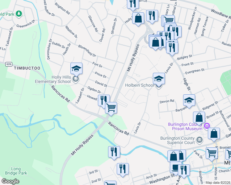 map of restaurants, bars, coffee shops, grocery stores, and more near 505 East Pennington Drive in Westampton