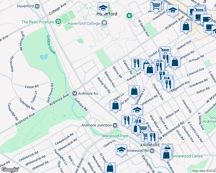 map of restaurants, bars, coffee shops, grocery stores, and more near 2919 Rising Sun Road in Ardmore