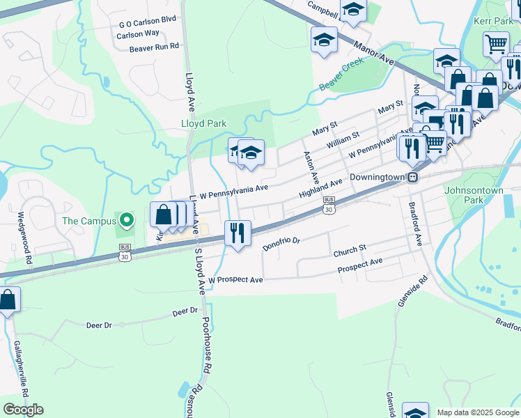 map of restaurants, bars, coffee shops, grocery stores, and more near 610 Highland Avenue in Downingtown