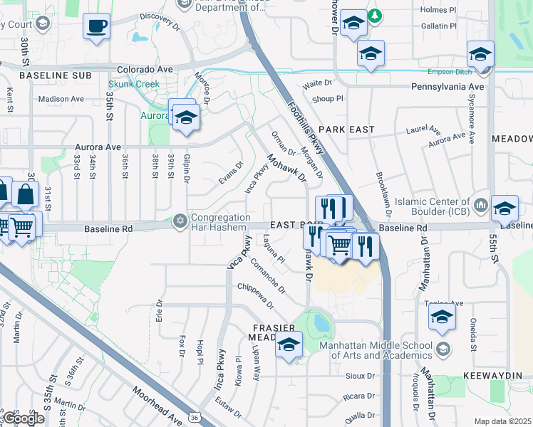 map of restaurants, bars, coffee shops, grocery stores, and more near 745 Thomas Drive in Boulder
