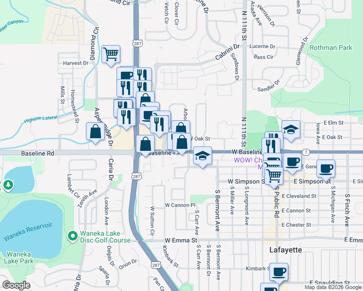 map of restaurants, bars, coffee shops, grocery stores, and more near 701 West Baseline Road in Lafayette