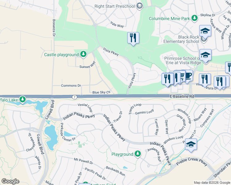 map of restaurants, bars, coffee shops, grocery stores, and more near 3155 Blue sky Circle in Erie