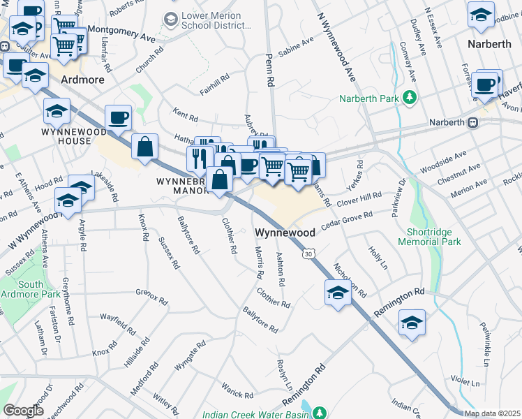 map of restaurants, bars, coffee shops, grocery stores, and more near 533 Lancaster Avenue in Wynnewood