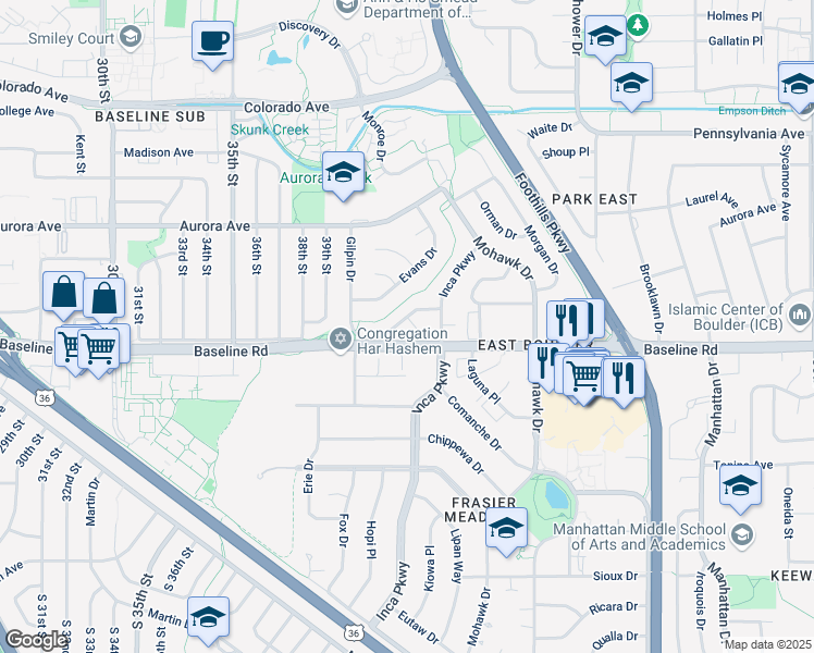map of restaurants, bars, coffee shops, grocery stores, and more near 4140 Hunt Court in Boulder