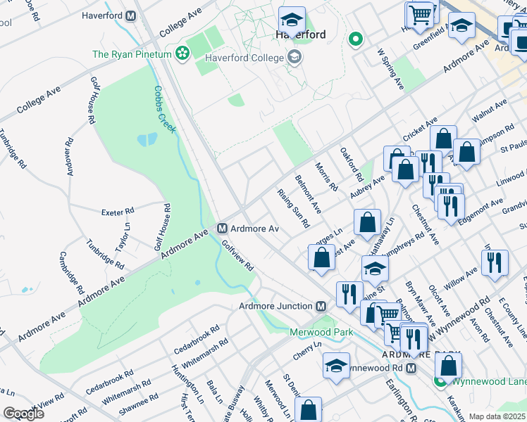 map of restaurants, bars, coffee shops, grocery stores, and more near 614 Hazelwood Avenue in Ardmore