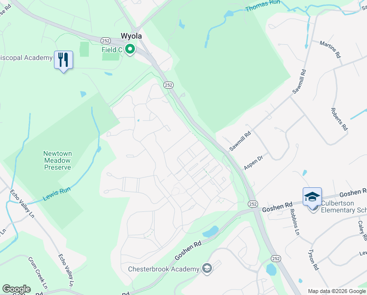 map of restaurants, bars, coffee shops, grocery stores, and more near 3741 Rosemont Pass in Newtown Square