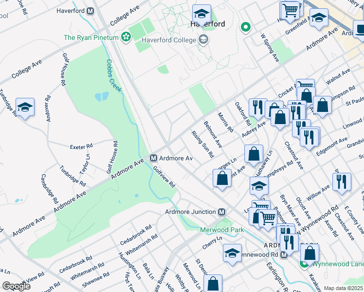 map of restaurants, bars, coffee shops, grocery stores, and more near 614 Hazelwood Avenue in Ardmore