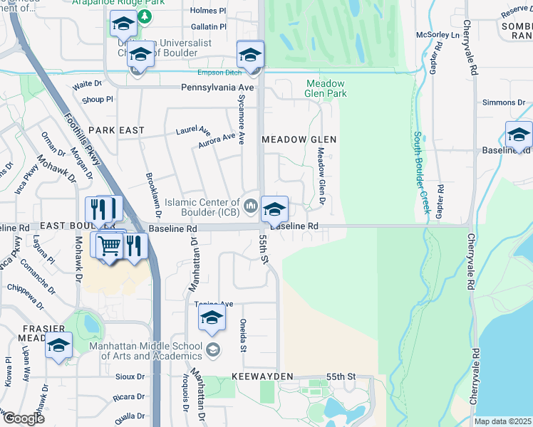 map of restaurants, bars, coffee shops, grocery stores, and more near 5540 Stonewall Place in Boulder