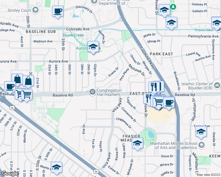 map of restaurants, bars, coffee shops, grocery stores, and more near 4140 Hunt Court in Boulder