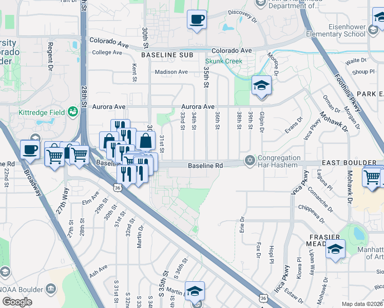 map of restaurants, bars, coffee shops, grocery stores, and more near 700 34th Street in Boulder
