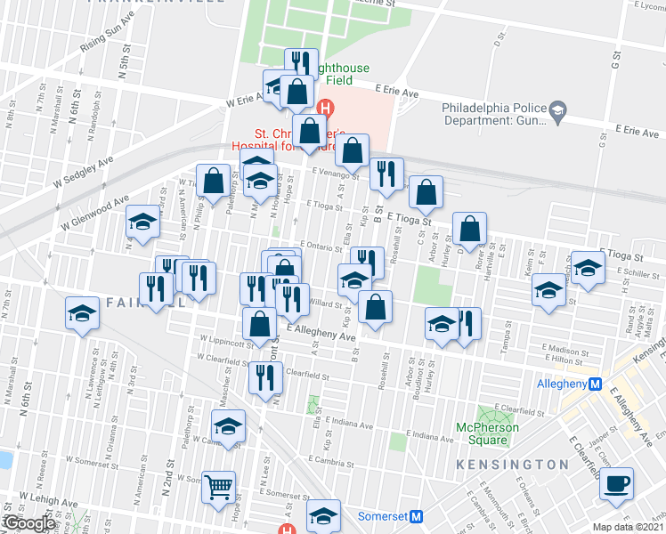 map of restaurants, bars, coffee shops, grocery stores, and more near 3329 Ella Street in Philadelphia