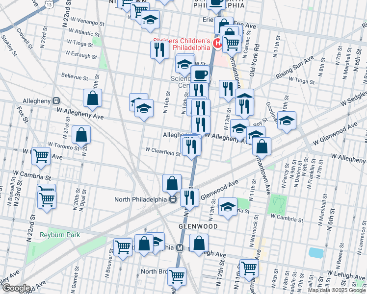 map of restaurants, bars, coffee shops, grocery stores, and more near 3111 North 15th Street in Philadelphia