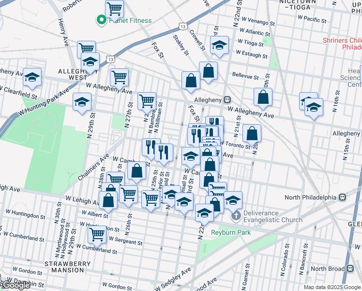 map of restaurants, bars, coffee shops, grocery stores, and more near 3001 North 24th Street in Philadelphia