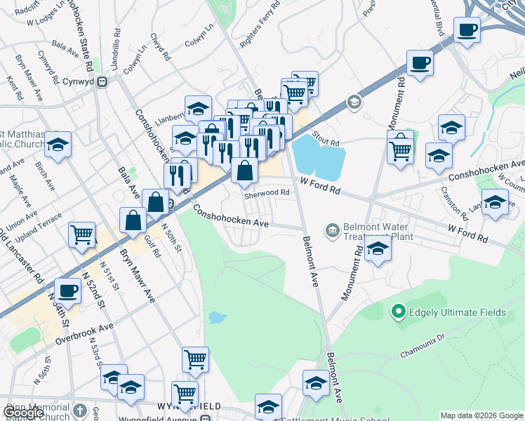map of restaurants, bars, coffee shops, grocery stores, and more near 2711 North 46th Street in Philadelphia