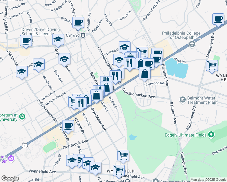 map of restaurants, bars, coffee shops, grocery stores, and more near in Bala Cynwyd