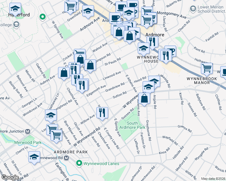 map of restaurants, bars, coffee shops, grocery stores, and more near 134 Sutton Road in Ardmore