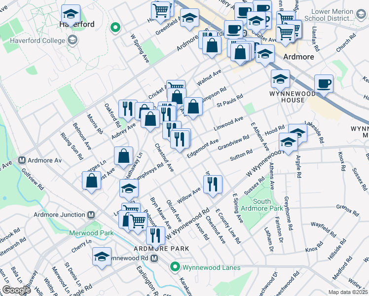 map of restaurants, bars, coffee shops, grocery stores, and more near 231 Linwood Avenue in Ardmore