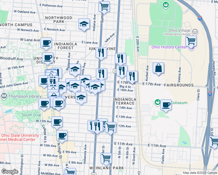 map of restaurants, bars, coffee shops, grocery stores, and more near 317 East 16th Avenue in Columbus