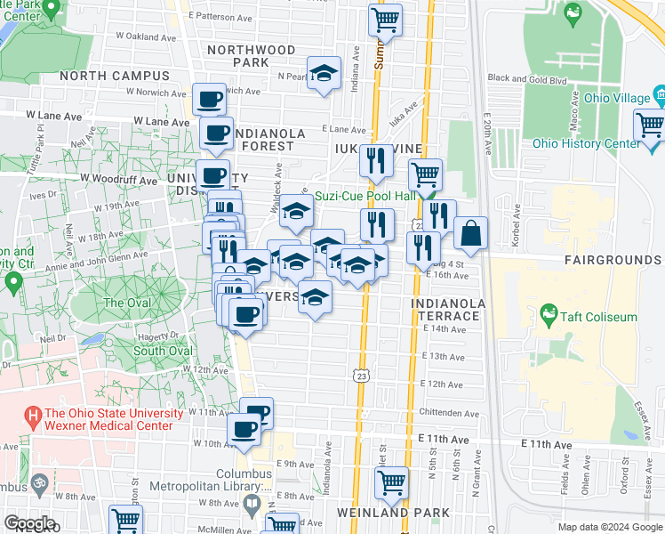 map of restaurants, bars, coffee shops, grocery stores, and more near 201 East 16th Avenue in Columbus