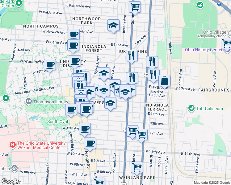 map of restaurants, bars, coffee shops, grocery stores, and more near 201 East 16th Avenue in Columbus