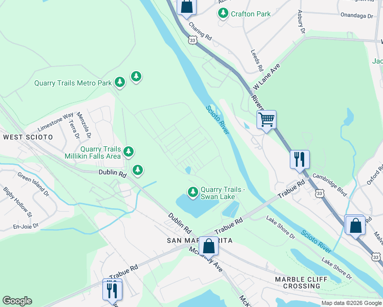 map of restaurants, bars, coffee shops, grocery stores, and more near 2415 Lane Woods Drive in Columbus