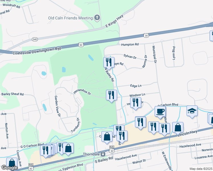map of restaurants, bars, coffee shops, grocery stores, and more near 199 Bluff Rd in Coatesville