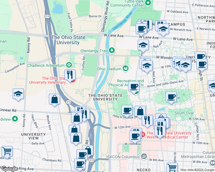 map of restaurants, bars, coffee shops, grocery stores, and more near 1933 Cannon Drive in Columbus