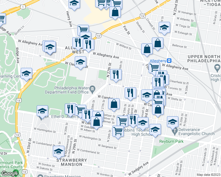 map of restaurants, bars, coffee shops, grocery stores, and more near 2949 North Taney Street in Philadelphia