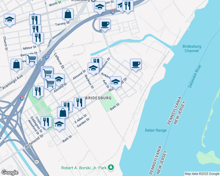 map of restaurants, bars, coffee shops, grocery stores, and more near 4702 Richmond Street in Philadelphia
