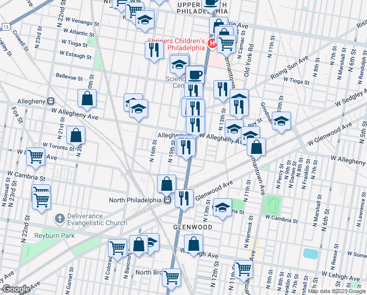 map of restaurants, bars, coffee shops, grocery stores, and more near 3124 North Rosewood Street in Philadelphia
