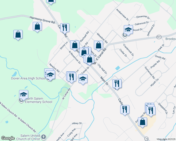 map of restaurants, bars, coffee shops, grocery stores, and more near 18 West Canal Street in Dover
