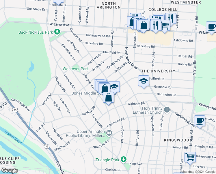 map of restaurants, bars, coffee shops, grocery stores, and more near 1942 Guilford Road in Upper Arlington