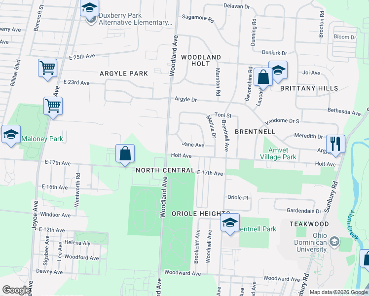map of restaurants, bars, coffee shops, grocery stores, and more near 2014 Holt Avenue in Columbus