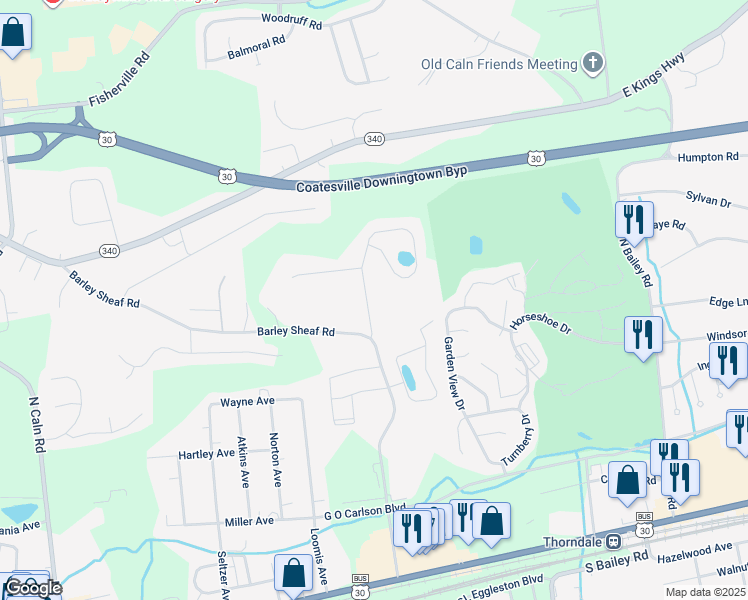 map of restaurants, bars, coffee shops, grocery stores, and more near 2705 North Barley Sheaf Road in Coatesville
