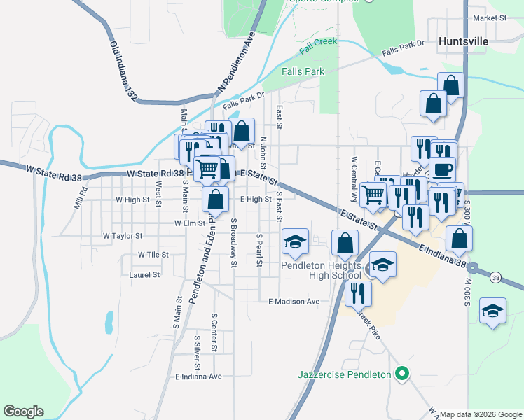 map of restaurants, bars, coffee shops, grocery stores, and more near 214 Pearl Street in Pendleton