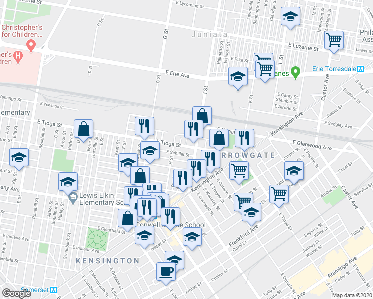 map of restaurants, bars, coffee shops, grocery stores, and more near 938 East Tioga Street in Philadelphia