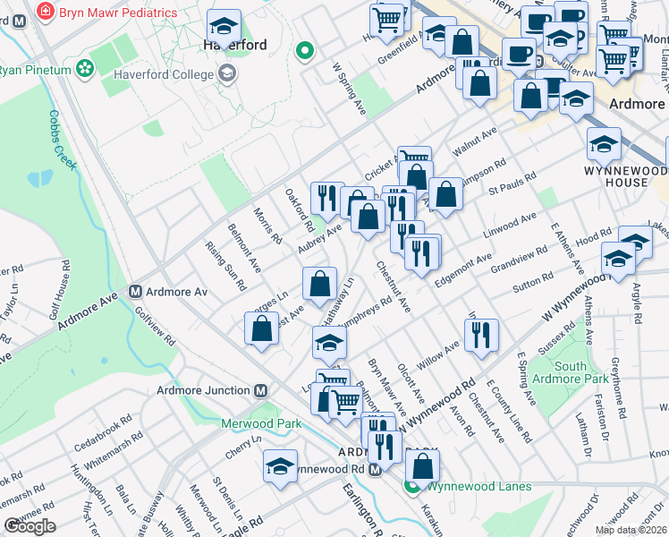 map of restaurants, bars, coffee shops, grocery stores, and more near 2727 Oakford Road in Ardmore