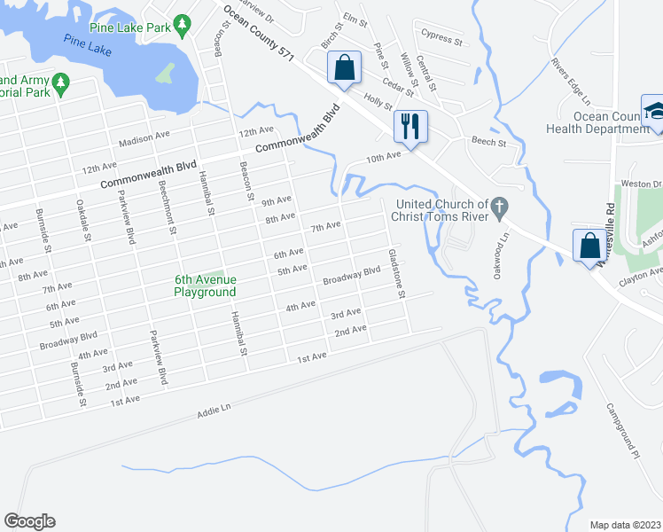 map of restaurants, bars, coffee shops, grocery stores, and more near 2016 5th Avenue in Toms River