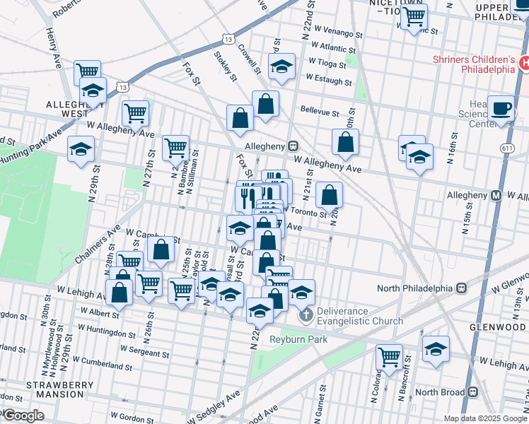 map of restaurants, bars, coffee shops, grocery stores, and more near 3016 North Croskey Street in Philadelphia