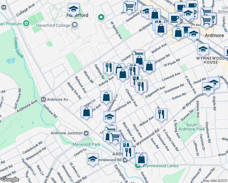 map of restaurants, bars, coffee shops, grocery stores, and more near 2706 Saint Marys Road in Ardmore