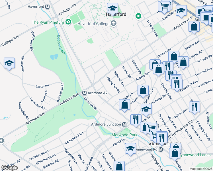 map of restaurants, bars, coffee shops, grocery stores, and more near 2935 Mapleshade Road in Ardmore