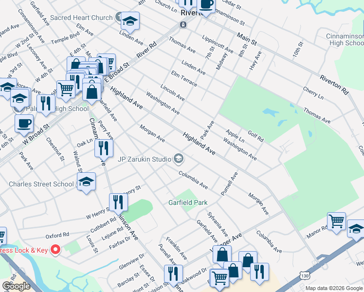 map of restaurants, bars, coffee shops, grocery stores, and more near 919 Morgan Avenue in Palmyra