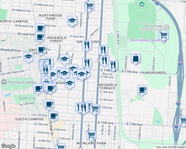 map of restaurants, bars, coffee shops, grocery stores, and more near 317 East 16th Avenue in Columbus
