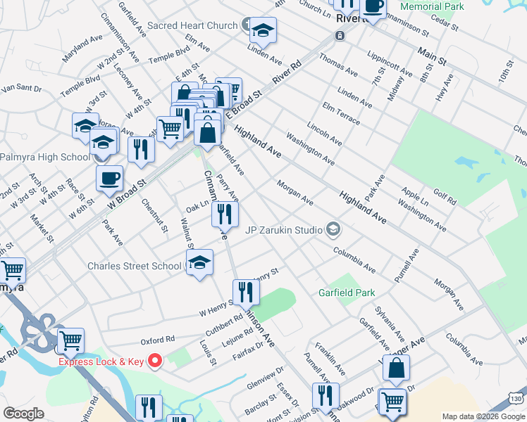 map of restaurants, bars, coffee shops, grocery stores, and more near 820 Parry Avenue in Palmyra