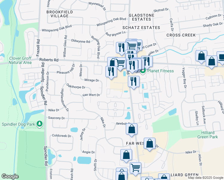 map of restaurants, bars, coffee shops, grocery stores, and more near 5410 Silverstone Way in Hilliard
