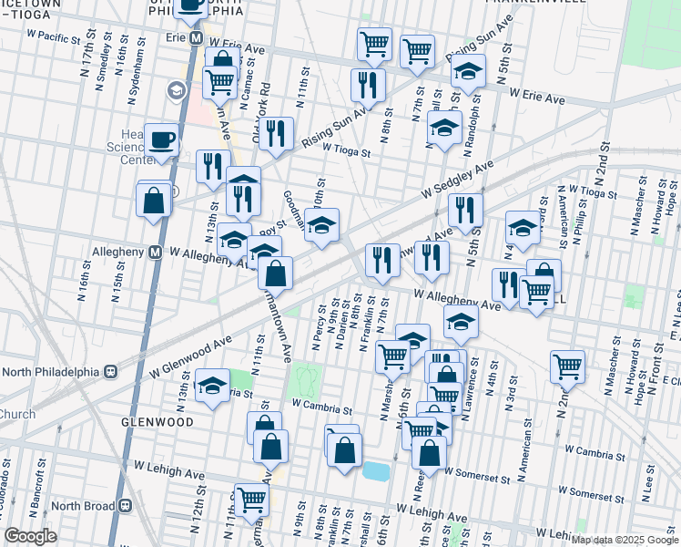 map of restaurants, bars, coffee shops, grocery stores, and more near 814 West Allegheny Avenue in Philadelphia